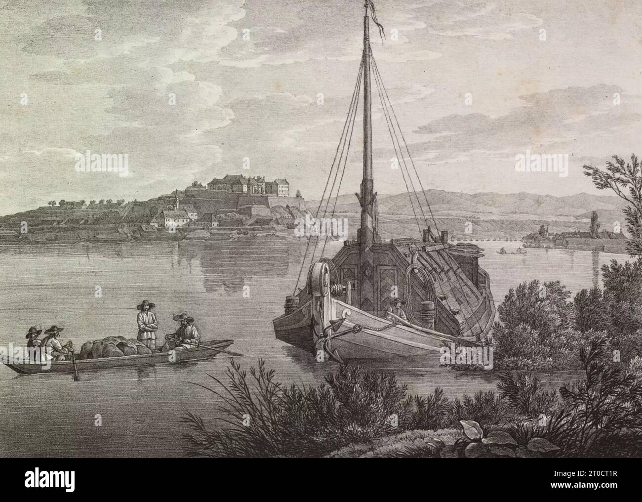 Die Donau in Syrmien, Heute Serbien und Kroatien, hier die Festung Peterwardein und der Brückenkopf zu Neusatz, 1826 / il Danubio in Sirmia, oggi Serbia e Croazia, qui la fortezza Peterwardein e la testa di ponte a Neusatz, 1826, Historisch, digital restaurierte Reproduktion von einer Vorlage aus dem 19. Jahrhundert Foto Stock