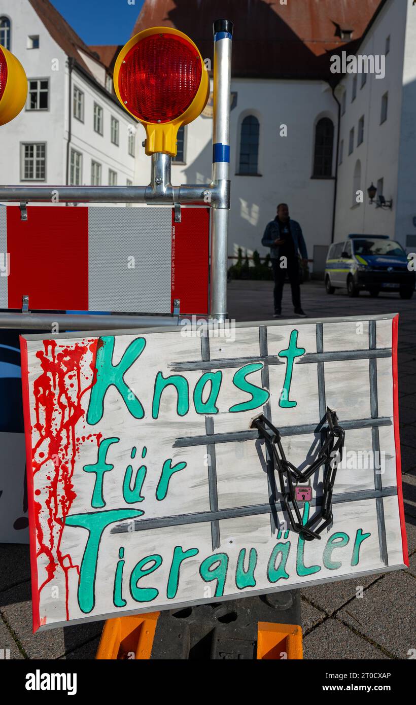 Memmingen, Germania. 6 ottobre 2023. Un cartello con la scritta "carcere per abusanti di animali” è visibile durante una protesta di attivisti per i diritti degli animali davanti al tribunale regionale. Nel corso delle indagini penali sullo scandalo della protezione degli animali di Allgäu, due uomini e una donna devono rispondere delle loro azioni in un ulteriore processo. Gli imputati sono accusati di non aver garantito che i bovini bisognosi di cure fossero curati da un veterinario o uccisi. Crediti: Stefan Puchner/dpa/Alamy Live News Foto Stock