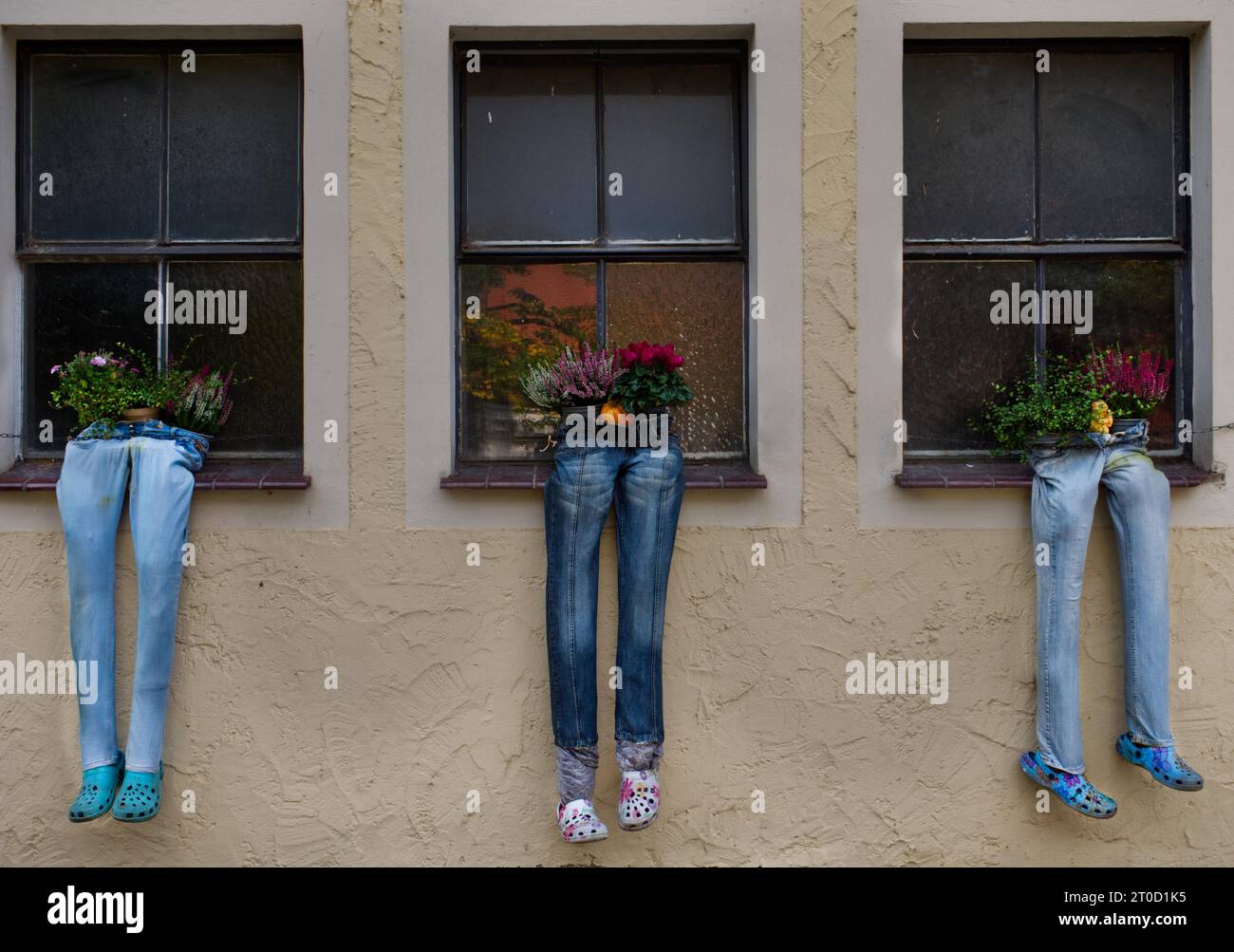 Pantaloni pazzi con fiori, simpatico allestimento con Old Jeans Foto Stock