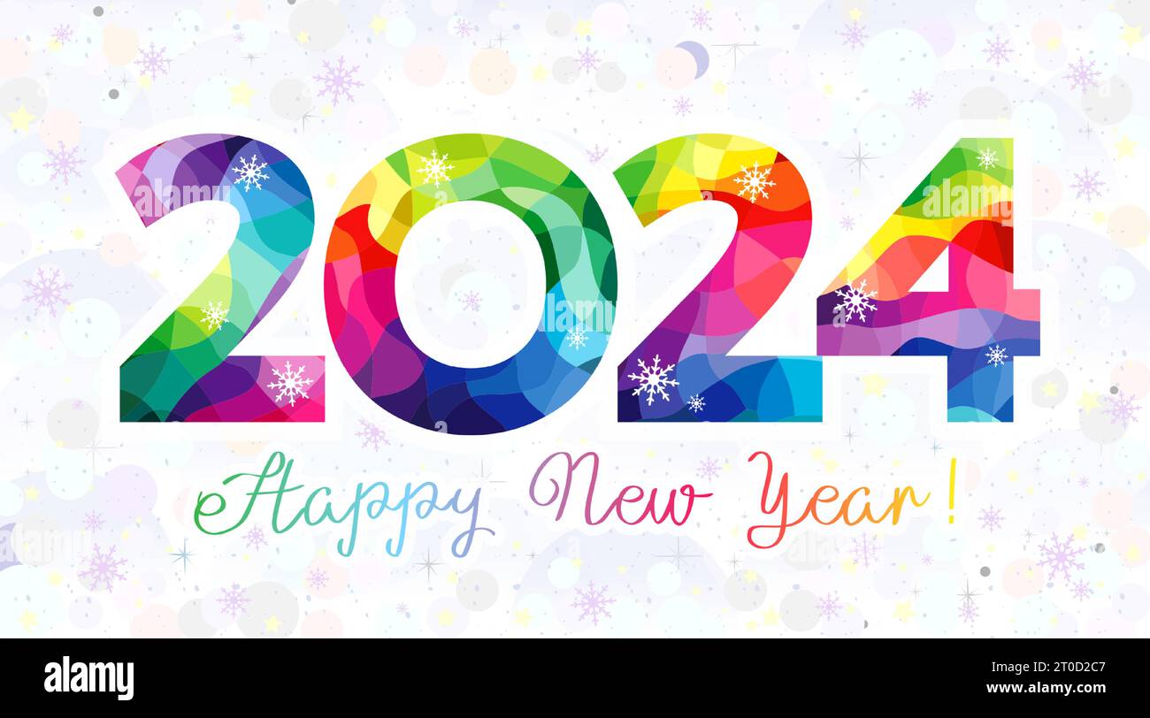 Happy 2024 Greeting card. Poster dei social media. Numero creativo e colorato e sfondo innevato. Elementi isolati. Idea di decorazione natalizia. B Illustrazione Vettoriale