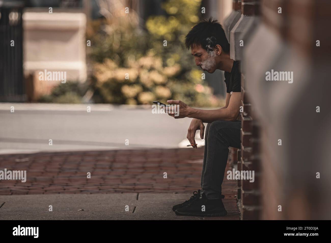 Ragazzo che si prende una pausa dal fumo e usa lo smartphone Foto Stock