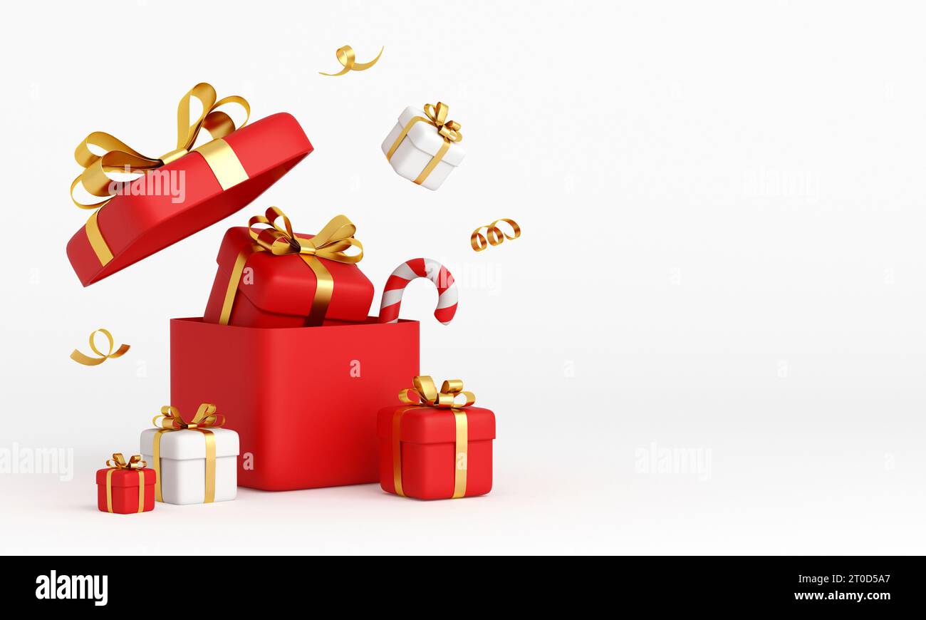 Confezioni regalo 3d rosse realistiche su sfondo bianco Foto Stock