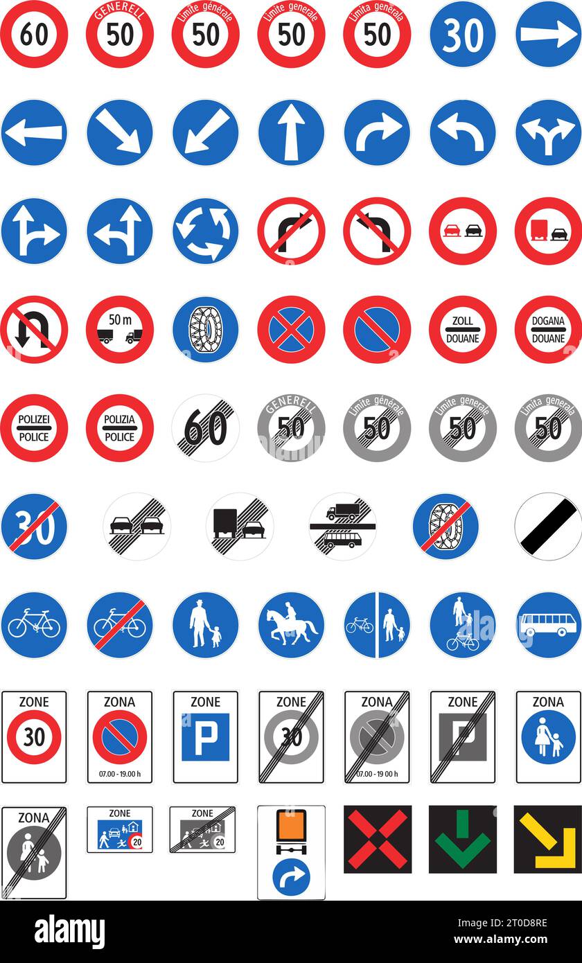 Istruzioni obbligatorie, segnali normativi, segnaletica stradale in Svizzera e Liechtenstein Illustrazione Vettoriale