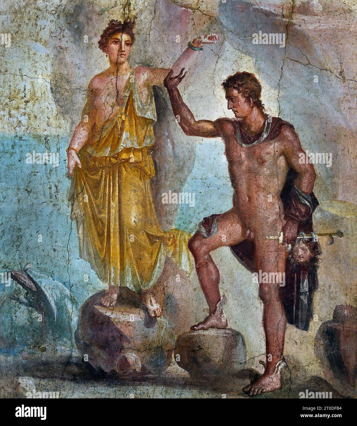 Perseo che libera Andromeda, la città romana di fresco Pompei si trova vicino a Napoli, nella regione Campania. Pompei fu sepolta sotto 4-6 m di cenere vulcanica e pomice nell'eruzione del Vesuvio nel 79 d.C. Italia Foto Stock