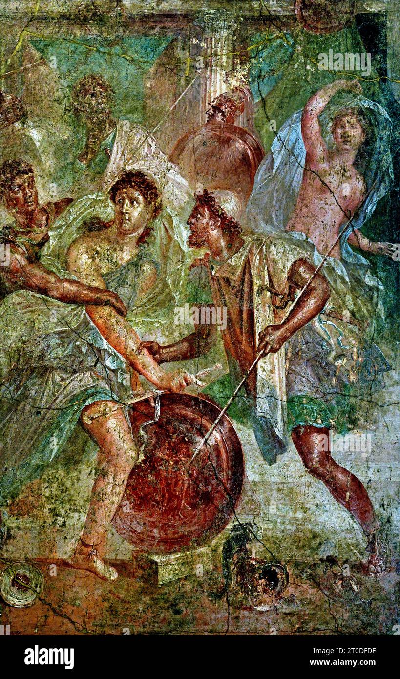 Un affresco romano raffigurante Ulisse rivela Achille, vestito da donna, a Sciro. Tablinium. Casa dei Dioscuri Pompei città romana si trova vicino a Napoli, in Campania. Pompei fu sepolta sotto 4-6 m di cenere vulcanica e pomice nell'eruzione del Vesuvio nel 79 d.C. Italia Foto Stock