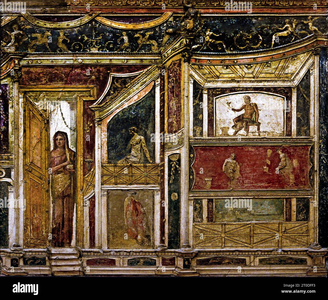 Ornamenti architettonici e immagini figurative di mitologia. La città romana di fresco Pompei si trova vicino a Napoli, nella regione Campania. Pompei fu sepolta sotto 4-6 m di cenere vulcanica e pomice nell'eruzione del Vesuvio nel 79 d.C. Italia Foto Stock