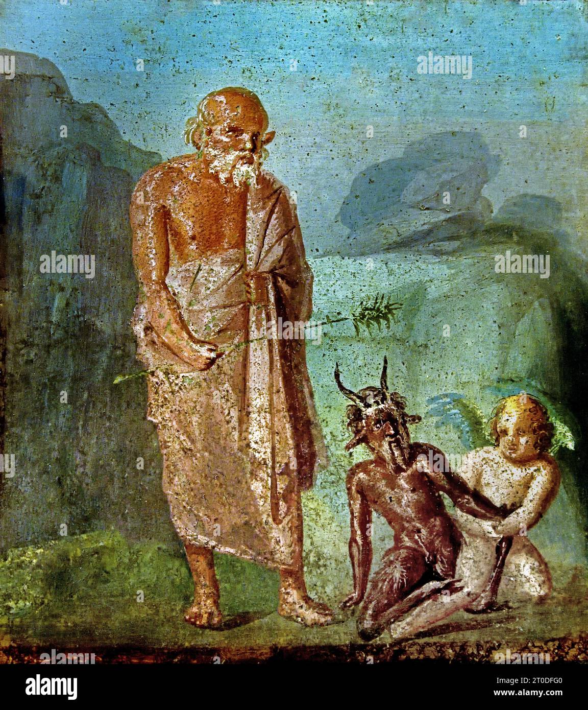 Lotta tra Cupido e Pan presenza di Sileno. Affresco romano della Casa di Meleagro la città romana di affresco Pompei si trova nei pressi di Napoli, in Campania. Pompei fu sepolta sotto 4-6 m di cenere vulcanica e pomice nell'eruzione del Vesuvio nel 79 d.C. Italia Foto Stock