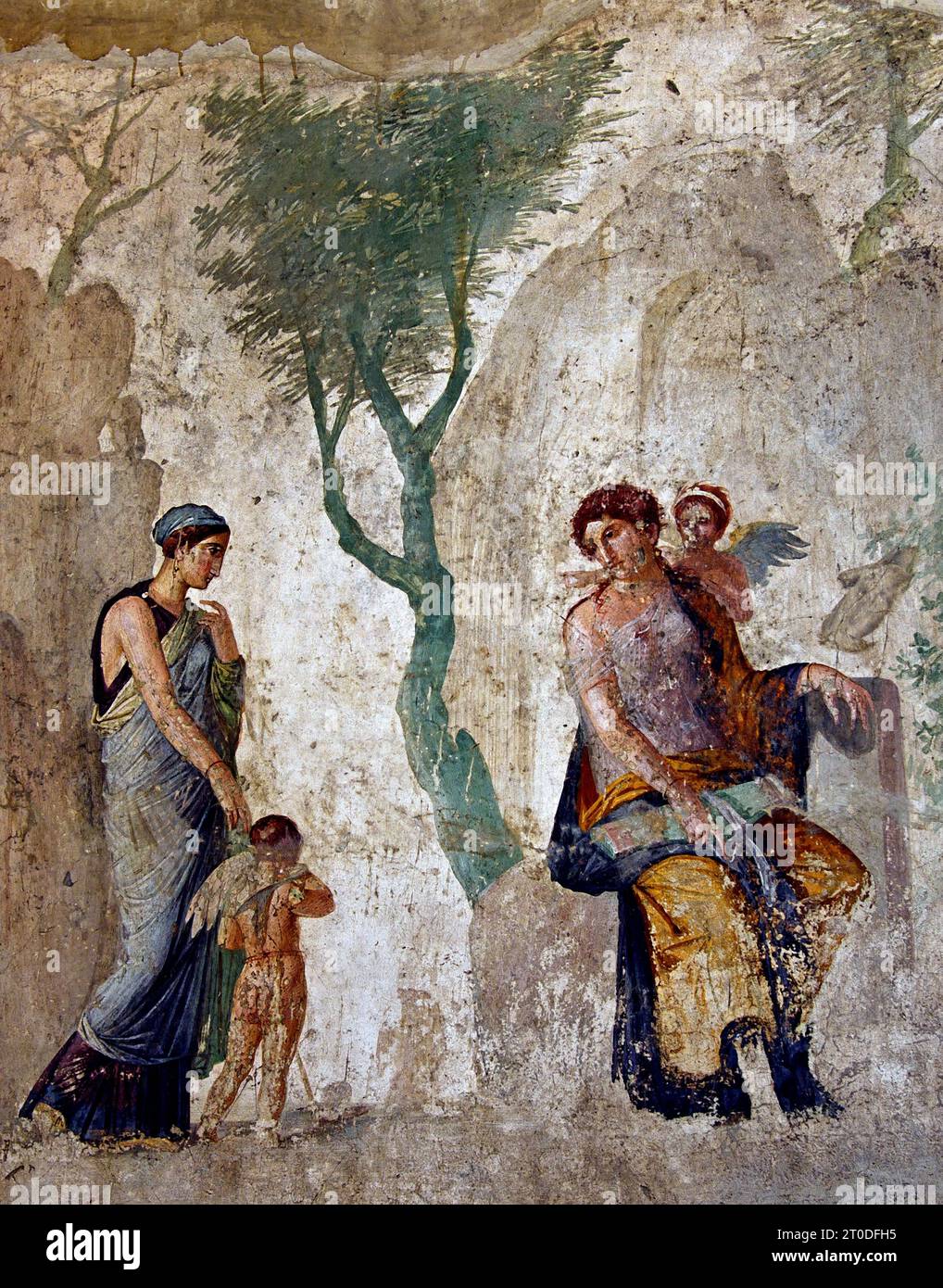 Affresco di Eros (amore) è punito in presenza di Afrodite (Venere). Pompei città Romana si trova vicino a Napoli, nella regione Campania. Pompei fu sepolta sotto 4-6 m di cenere vulcanica e pomice nell'eruzione del Vesuvio nel 79 d.C. Italia Foto Stock