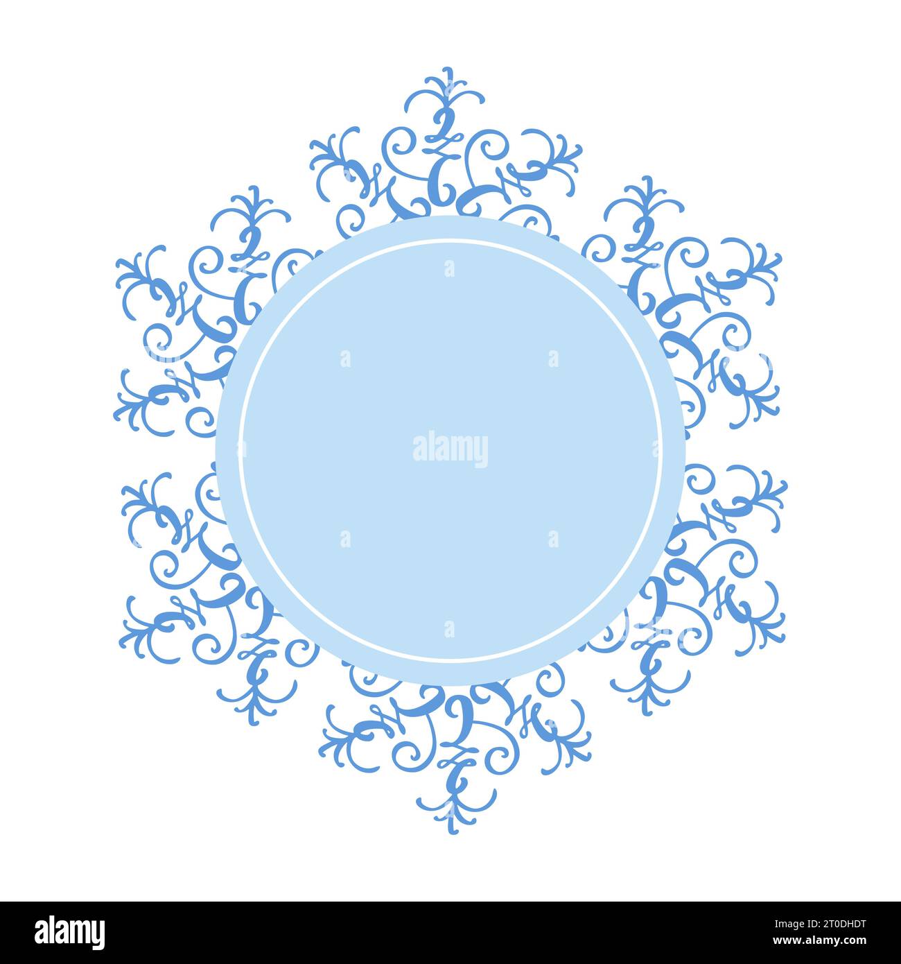 Cornice rotonda decorativa a fiocco di neve per Natale invernale con centro blu vuoto, decorata per biglietti di auguri, inviti, web design Illustrazione Vettoriale