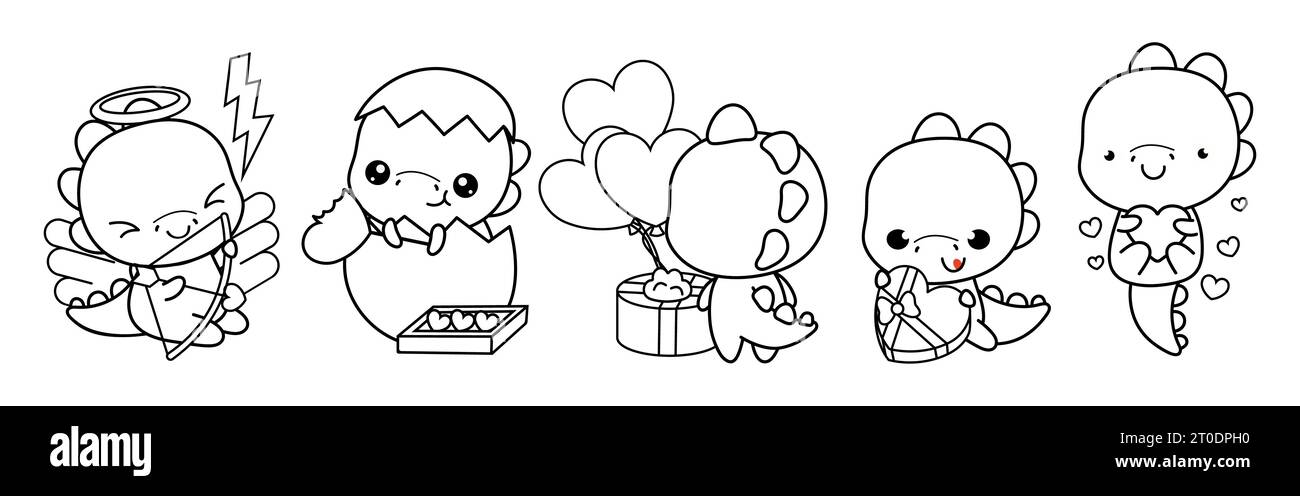 Set di Kawaii Dino Coloring Page . Collezione di simpatiche illustrazioni dei dinosauri vettoriali. Illustrazione Vettoriale