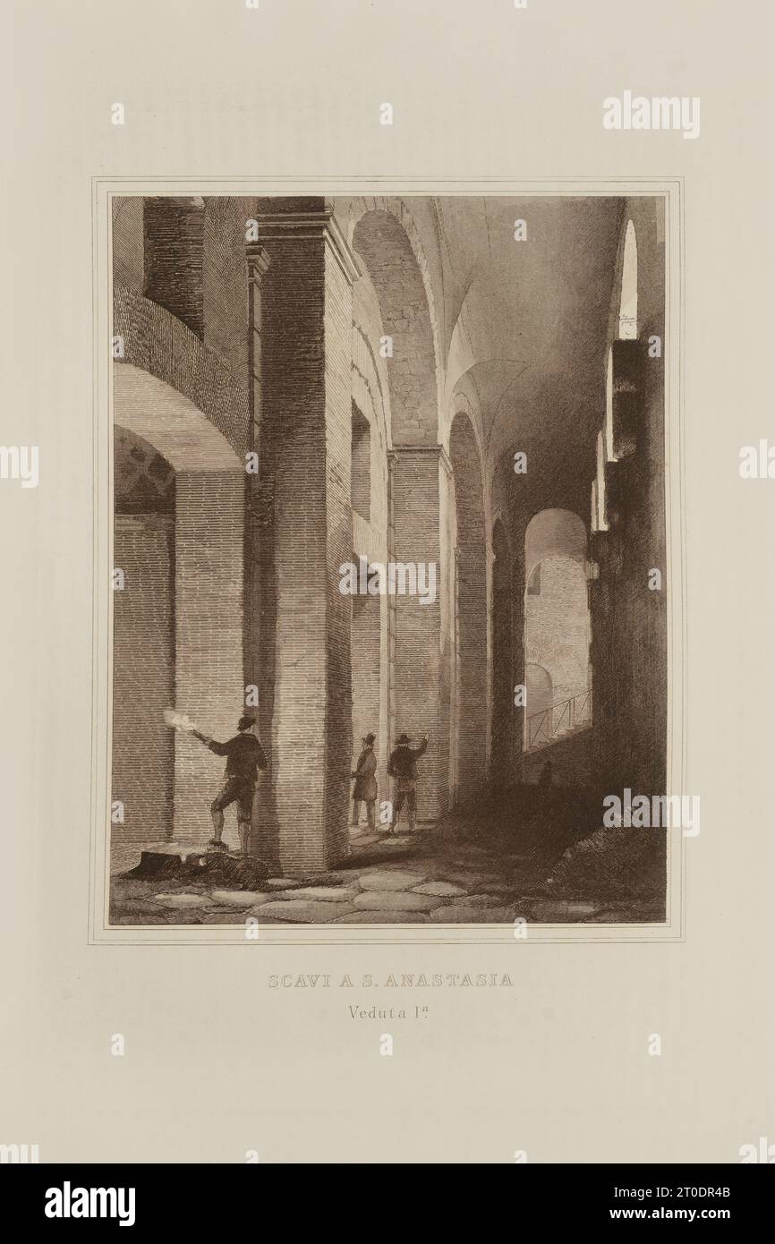 P. Cacchiatelli - G. Gleter, la Scienza e le Arti sotto il pontificato di Pio IX, pubblicato a Roma nel 1860 dalla Tipografia delle Belle Arti, via poli, 91. All'interno sono presenti incisioni raffiguranti le opere pubbliche realizzate durante il Pontificato di Pio IX Foto Stock