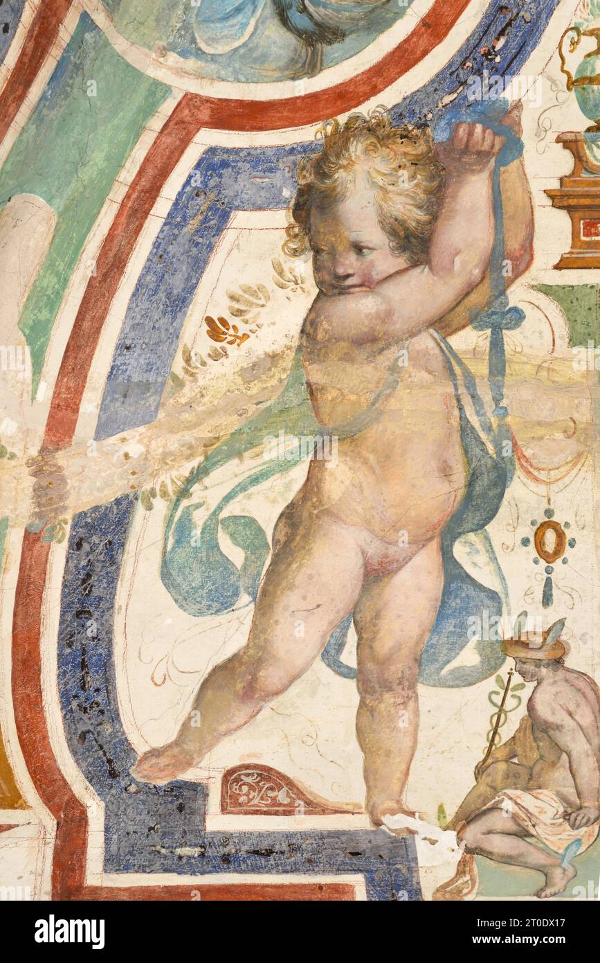 Piobbico (Italia, Marche - provincia di Pesaro-Urbino), Castello Brancaleoni, appartamento nobile, camera greca, sala del Conte Antonio II, ciclo di affreschi con episodi della mitologia greca e decorazioni in stucco della bottega di Federico Brandani Foto Stock