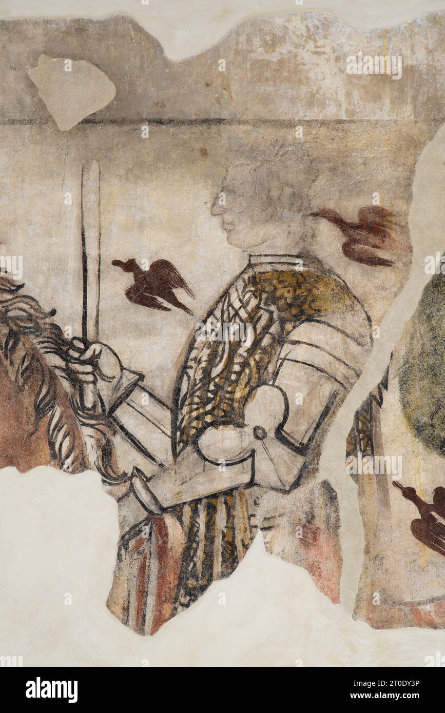 Esanatoglia (Italia, Marche - provincia di Macerata), Municipio (antico palazzo dei Duchi di Camerino, i da Varanos). Sala consiliare, ciclo di affreschi con soggetto "cortese", databile alla seconda metà del XV secolo, artista sconosciuto Foto Stock