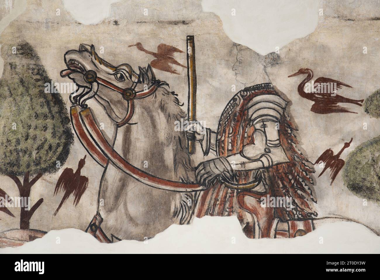 Esanatoglia (Italia, Marche - provincia di Macerata), Municipio (antico palazzo dei Duchi di Camerino, i da Varanos). Sala consiliare, ciclo di affreschi con soggetto "cortese", databile alla seconda metà del XV secolo, artista sconosciuto Foto Stock