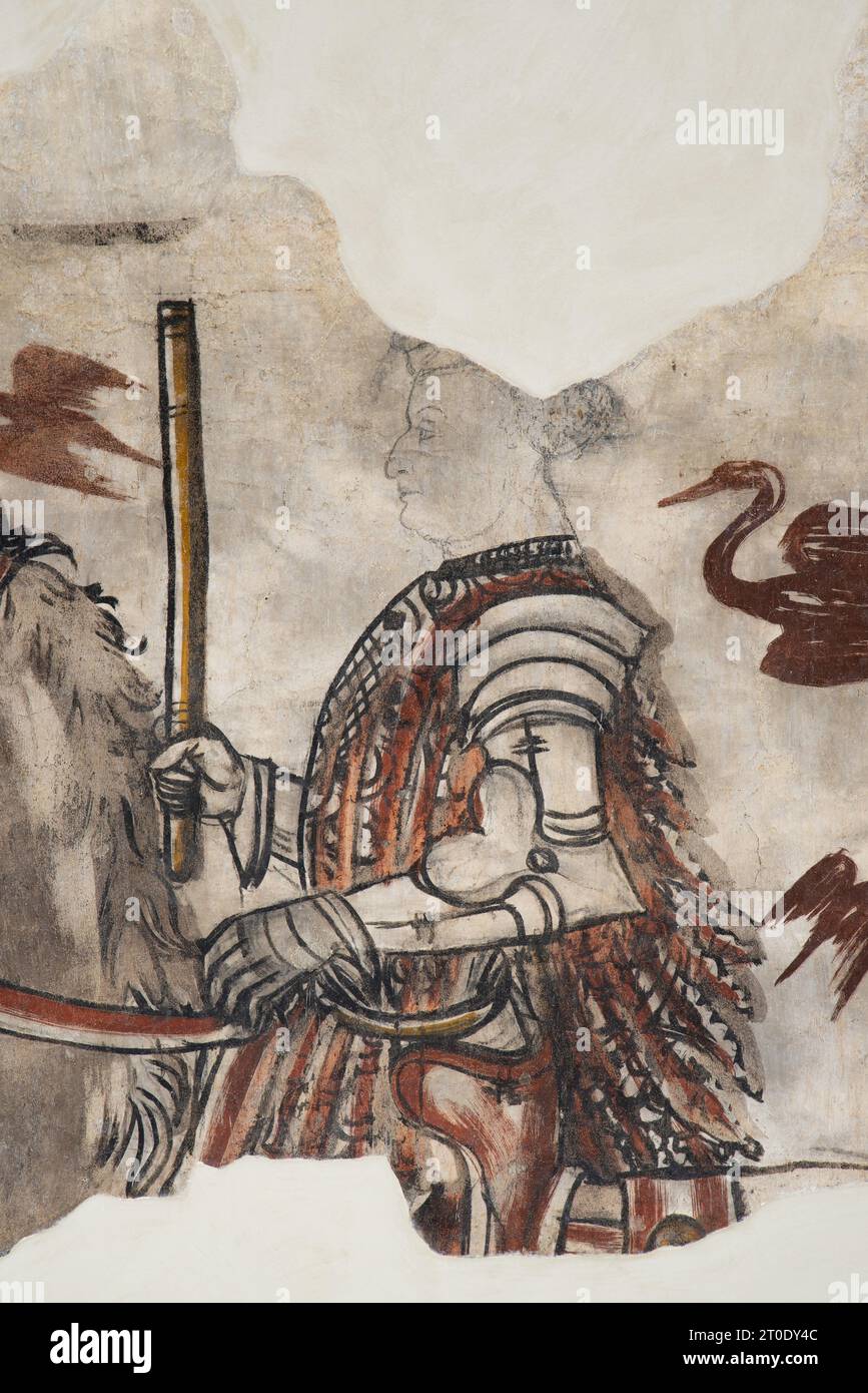 Esanatoglia (Italia, Marche - provincia di Macerata), Municipio (antico palazzo dei Duchi di Camerino, i da Varanos). Sala consiliare, ciclo di affreschi con soggetto "cortese", databile alla seconda metà del XV secolo, artista sconosciuto Foto Stock