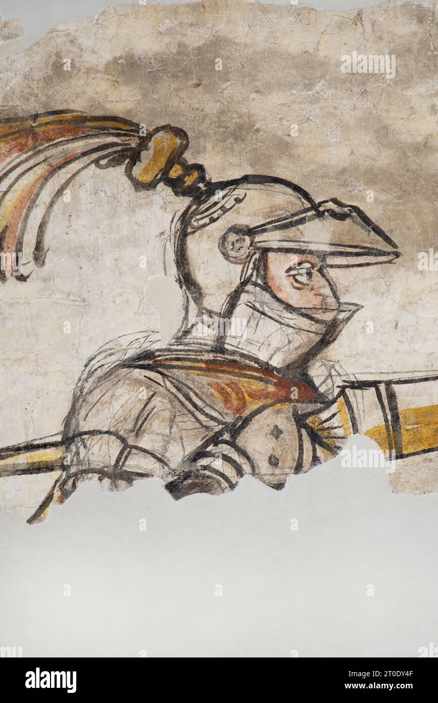 Esanatoglia (Italia, Marche - provincia di Macerata), Municipio (antico palazzo dei Duchi di Camerino, i da Varanos). Sala consiliare, ciclo di affreschi con soggetto "cortese", databile alla seconda metà del XV secolo, artista sconosciuto Foto Stock