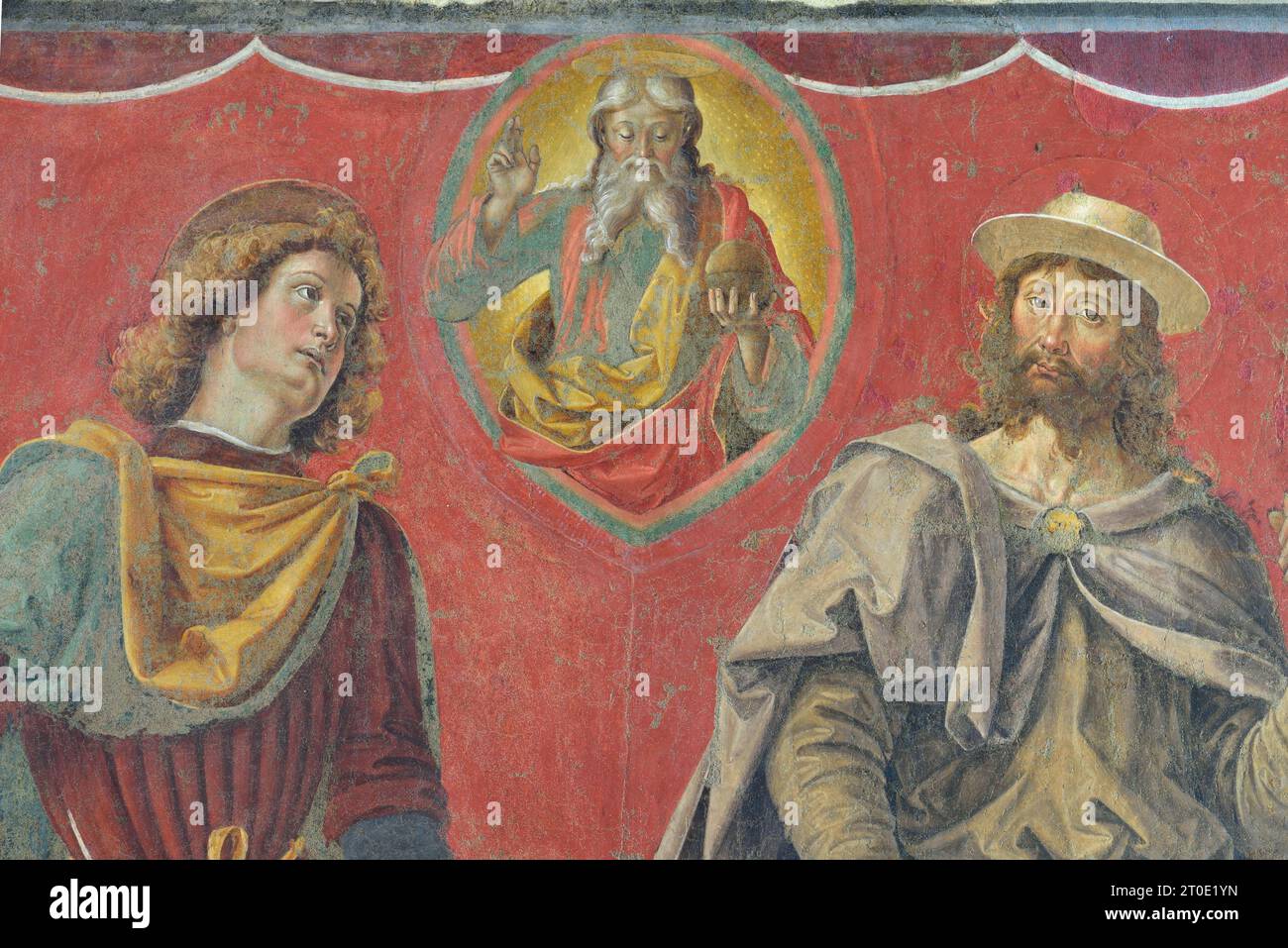 Deruta (Umbria - PG), Galleria d'Arte Municipale. Perugino, padre Eterno con i santi Rocco e Romano (ai piedi dei santi la vista della città di Deruta), affresco staccato databile al 1477-78 Foto Stock