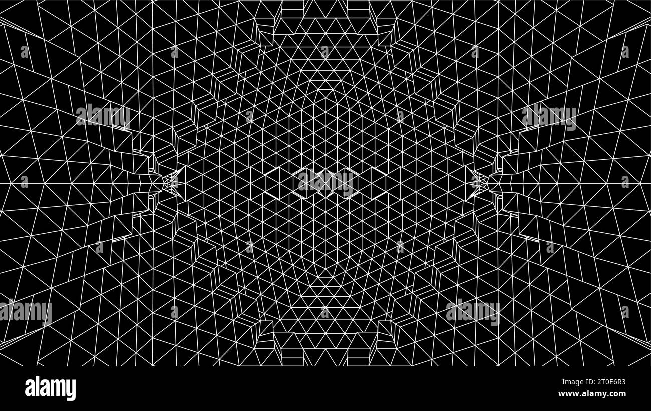 Sfondo geometrico della griglia con mesh stile anni '80. Sfondo astratto cyberpunk con griglia computer retrò. Illustrazione Vettoriale