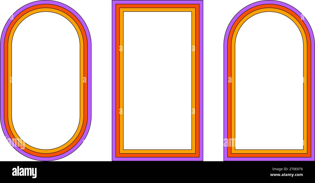 Montature rainbow in stile hippie anni '1970. Confini psichedelici retrò. Casella di testo funky 70S.. Sfondo con vibrazioni buone. Pop vintage Groovy rettangolare e. Illustrazione Vettoriale