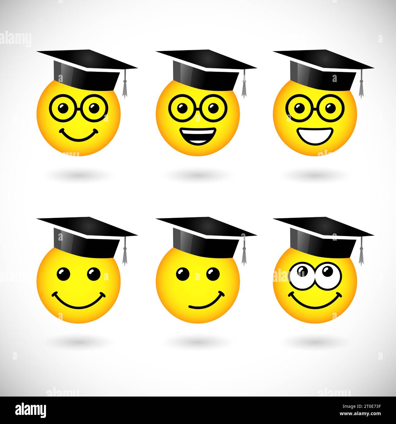 Set di icone di graduazione. Logotipo classe fuori. Modello di web design grafico astratto isolato. Adesivo di carta bianca, cartelli sorridenti con occhiali. 3D creativo Illustrazione Vettoriale