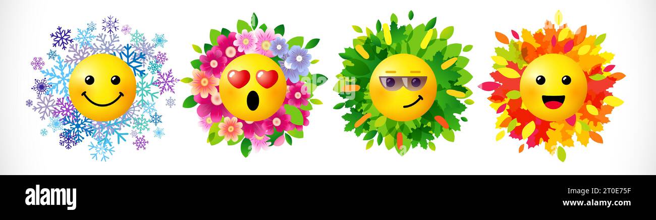 Set di emoticon creativi. Modello di progettazione grafica astratta isolato. Icone dell'interfaccia Messenger con elementi relativi alle stagioni dell'anno. Segnali vettoriali di rete, brigh Illustrazione Vettoriale