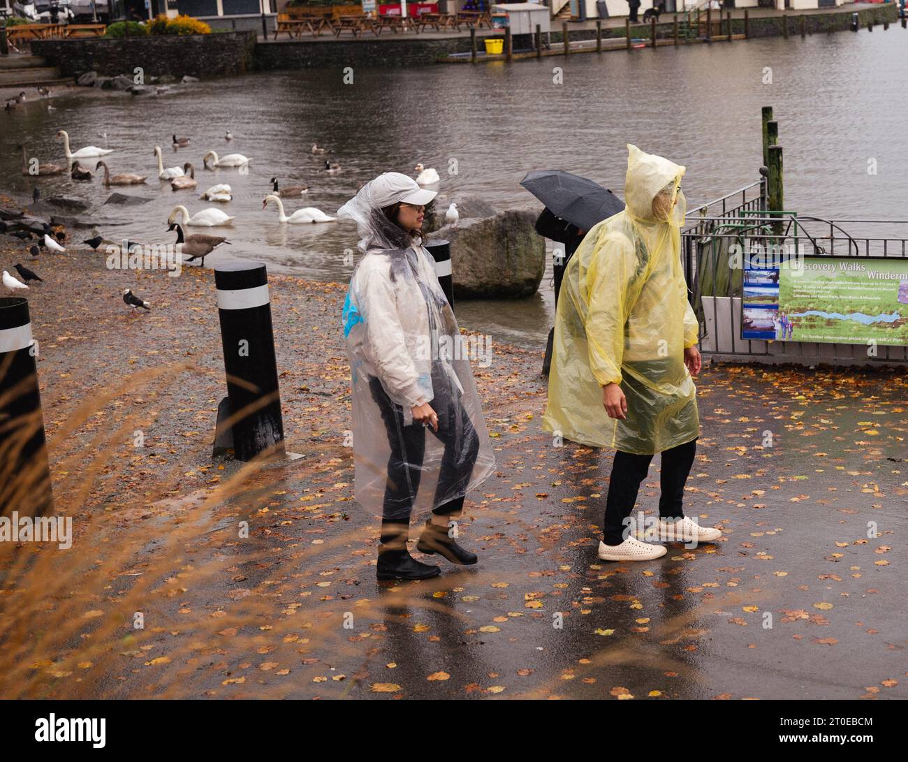 Windermere Cumbria, Regno Unito. 6 ottobre 2023. Meteo Lago Windermere i turisti si vestono per il vento forte e la pioggia forte credito: Gordon Shoosmith/Alamy Live News Foto Stock