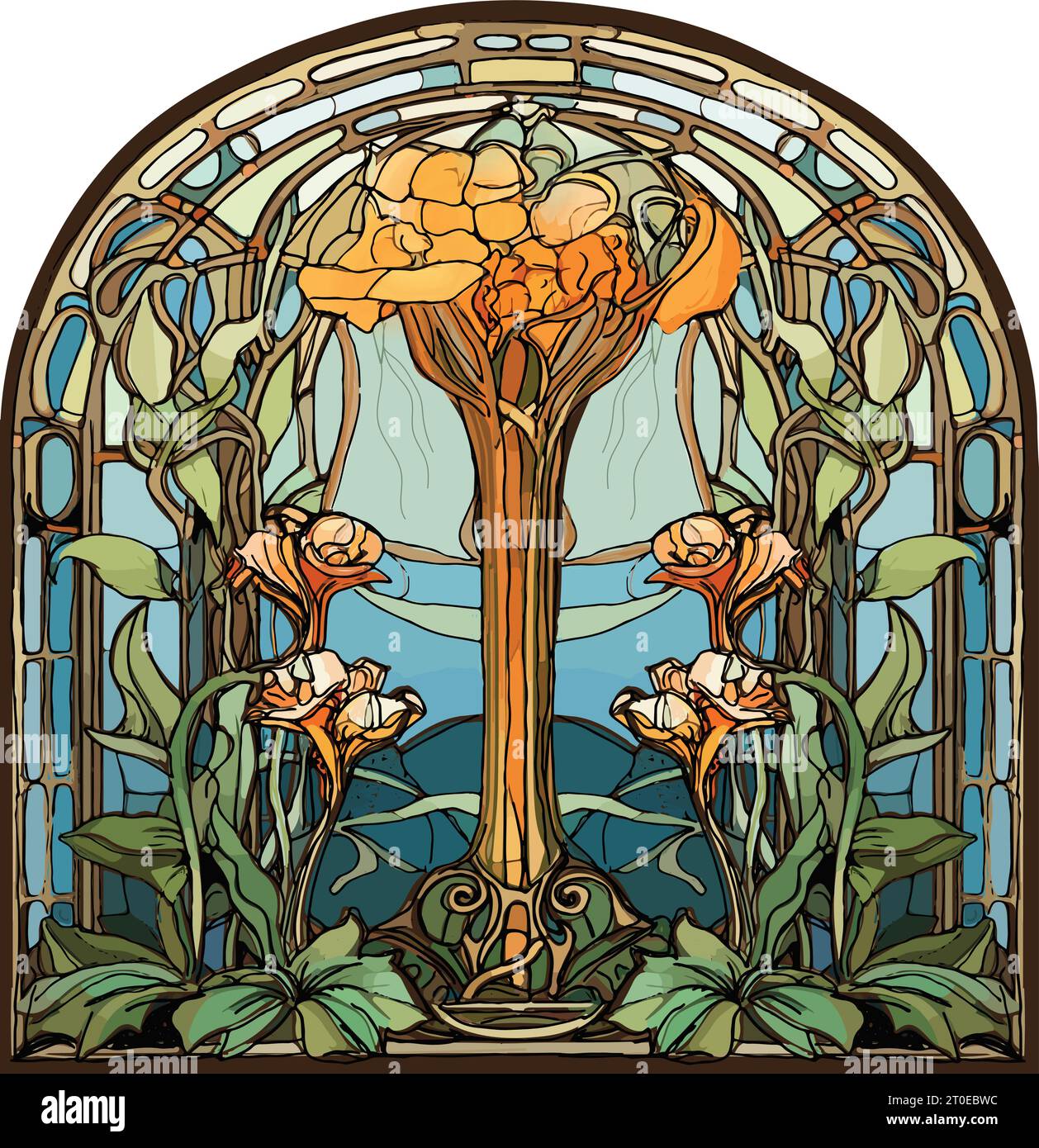 Vetrate in stile art nouveau, motivi floreali, fiori arancioni e gialli, cornice ad arco Illustrazione Vettoriale