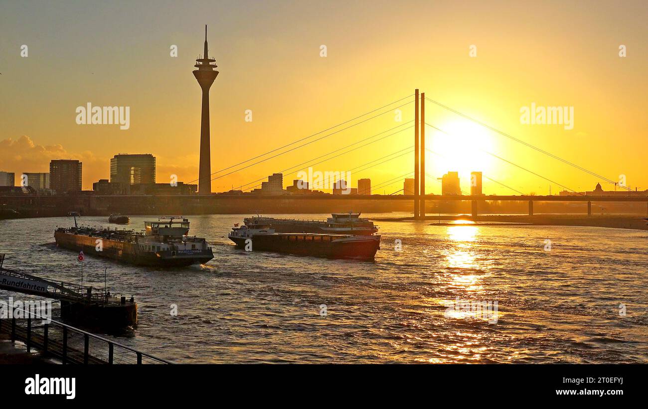 Atmosfera serale con Torre del Reno, Düsseldorf, Reno, basso Reno, Renania settentrionale-Vestfalia, NRW, Germania Foto Stock