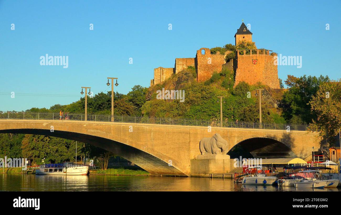 Saale e Burg Giebichenstein, Halle an der Saale, Sassonia, Germania Foto Stock