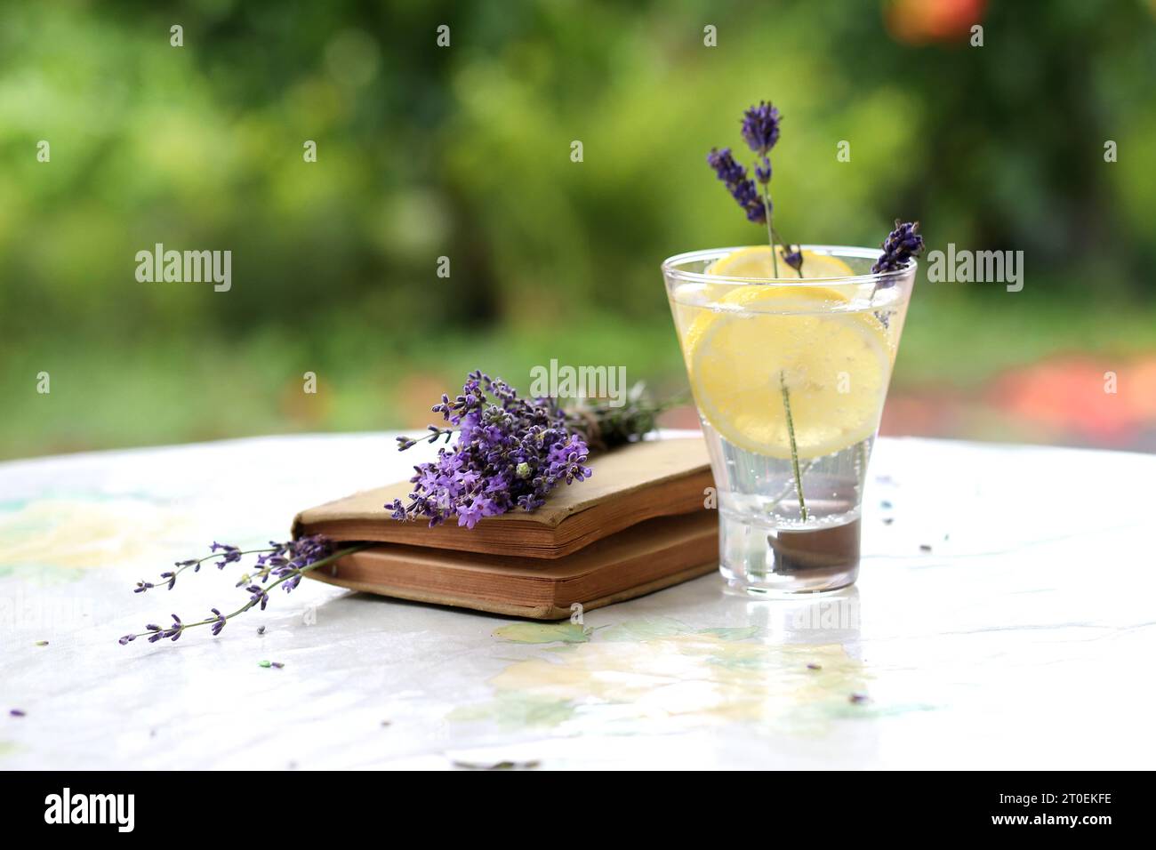 Limonata fatta in casa con limone e lavanda in un bicchiere di vetro su un tavolo in giardino con una niga e un bouquet di lavanda. deto rilassante con tonico di raffreddamento Foto Stock