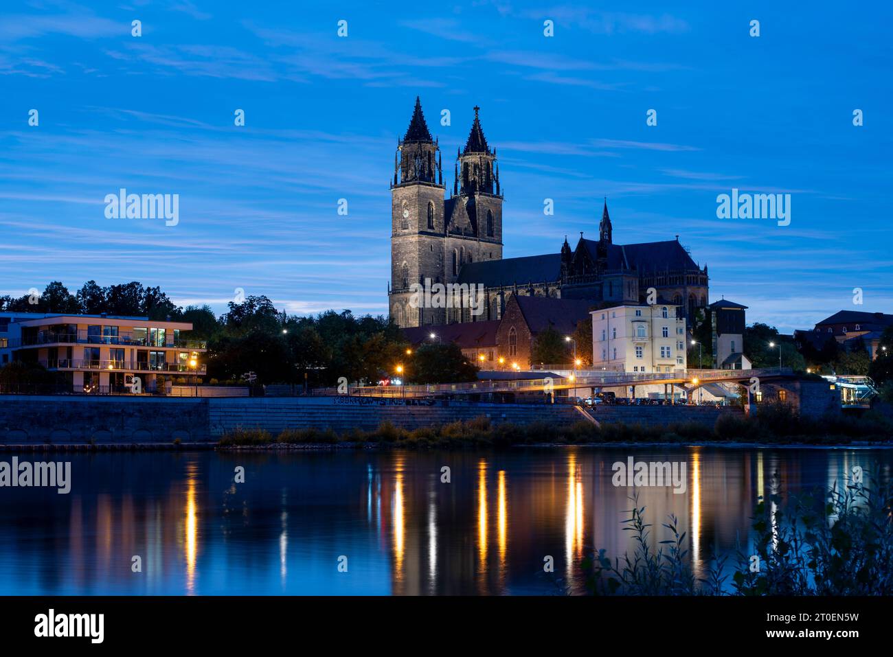 Cattedrale di Magdeburgo, fiume Elba, luci riflesse nell'acqua, Magdeburgo, Sassonia-Anhalt, Germania Foto Stock
