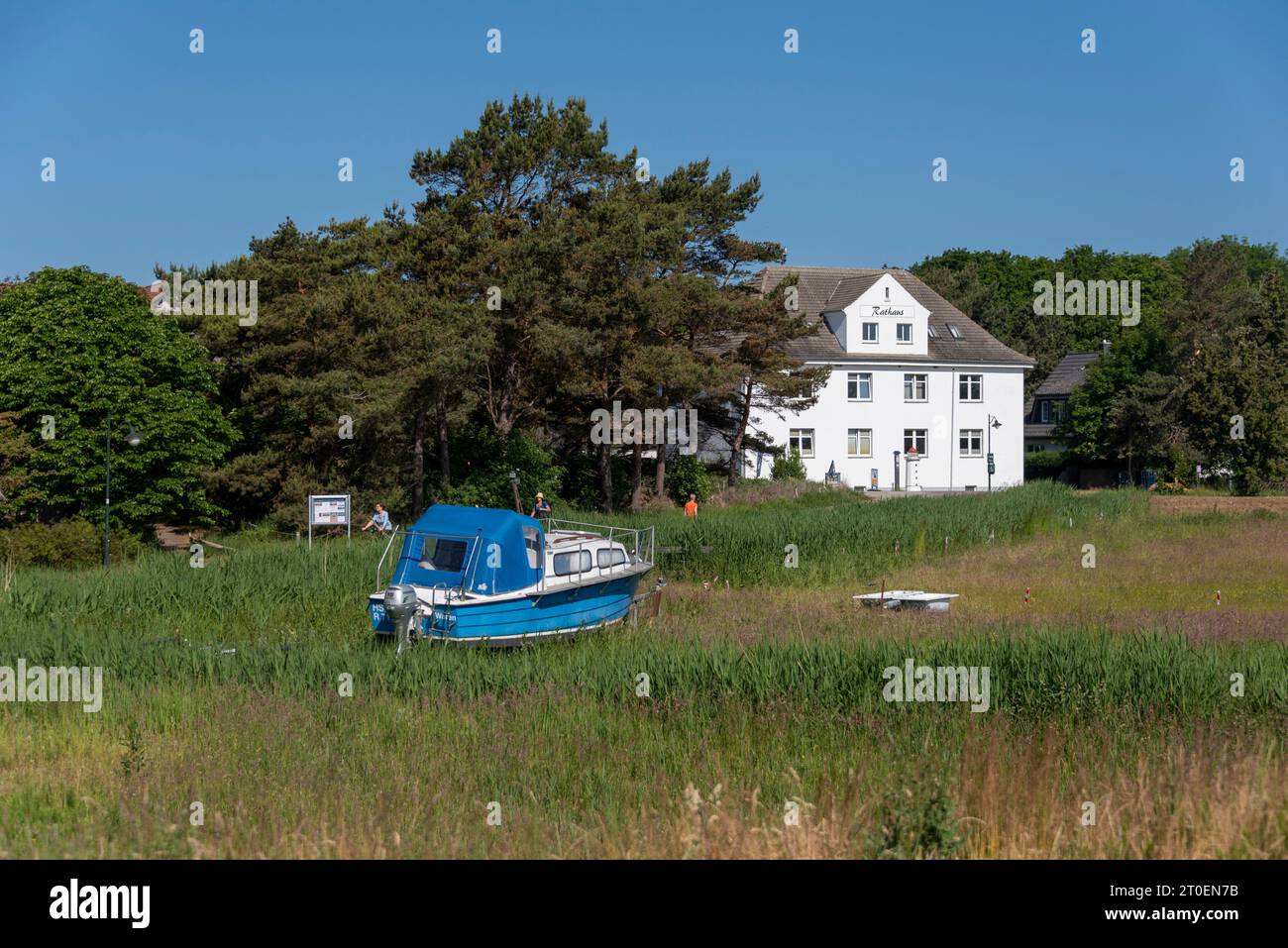Municipio dell'isola di Hiddensee, di fronte ad essa motoscafo su prato, Vitte, isola di Hiddensee, Meclemburgo-Pomerania occidentale, Germania Foto Stock