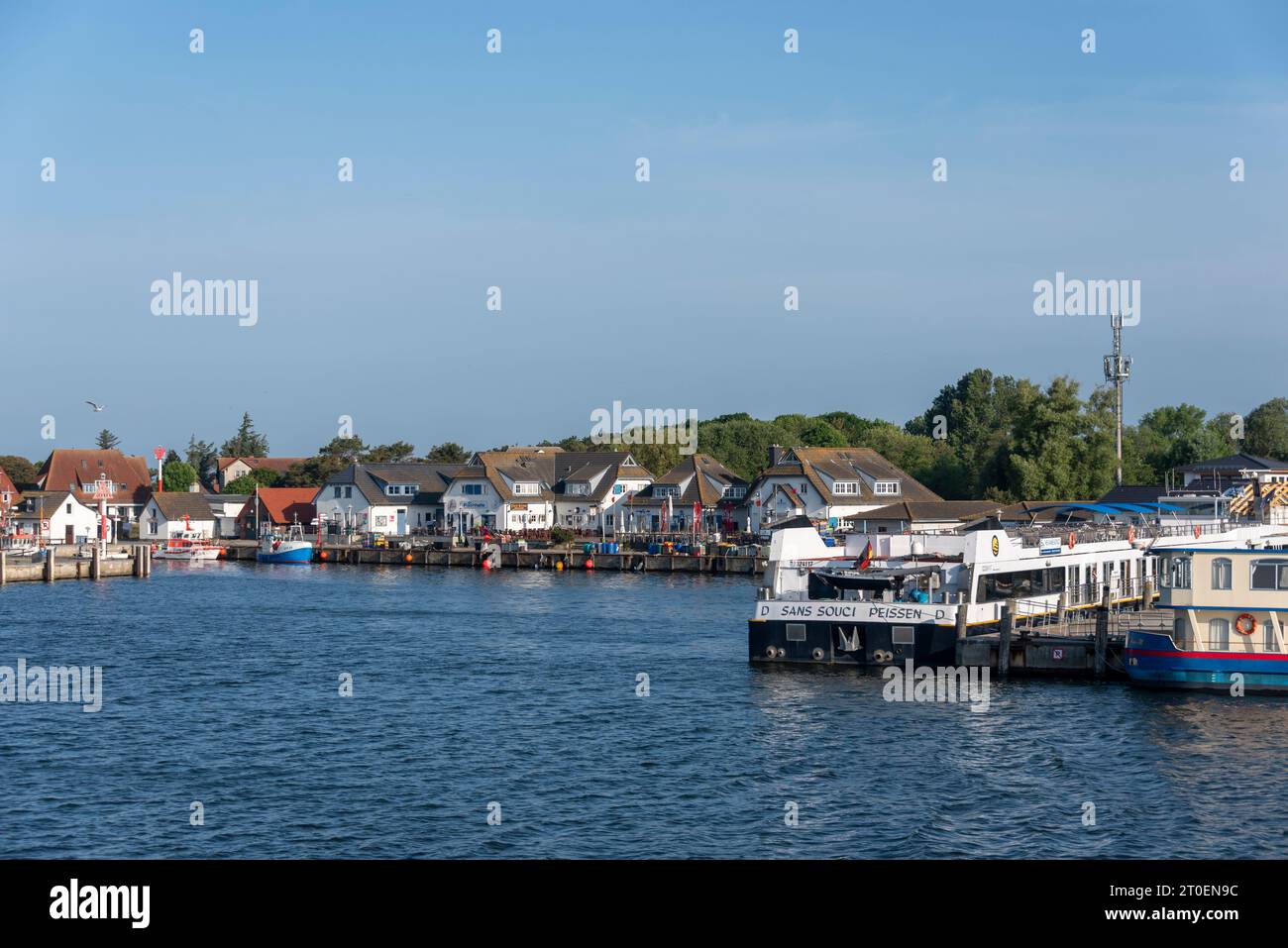 Barche da pesca nel porto di Vitte, isola Hiddensee, Meclemburgo-Pomerania occidentale, Germania Foto Stock