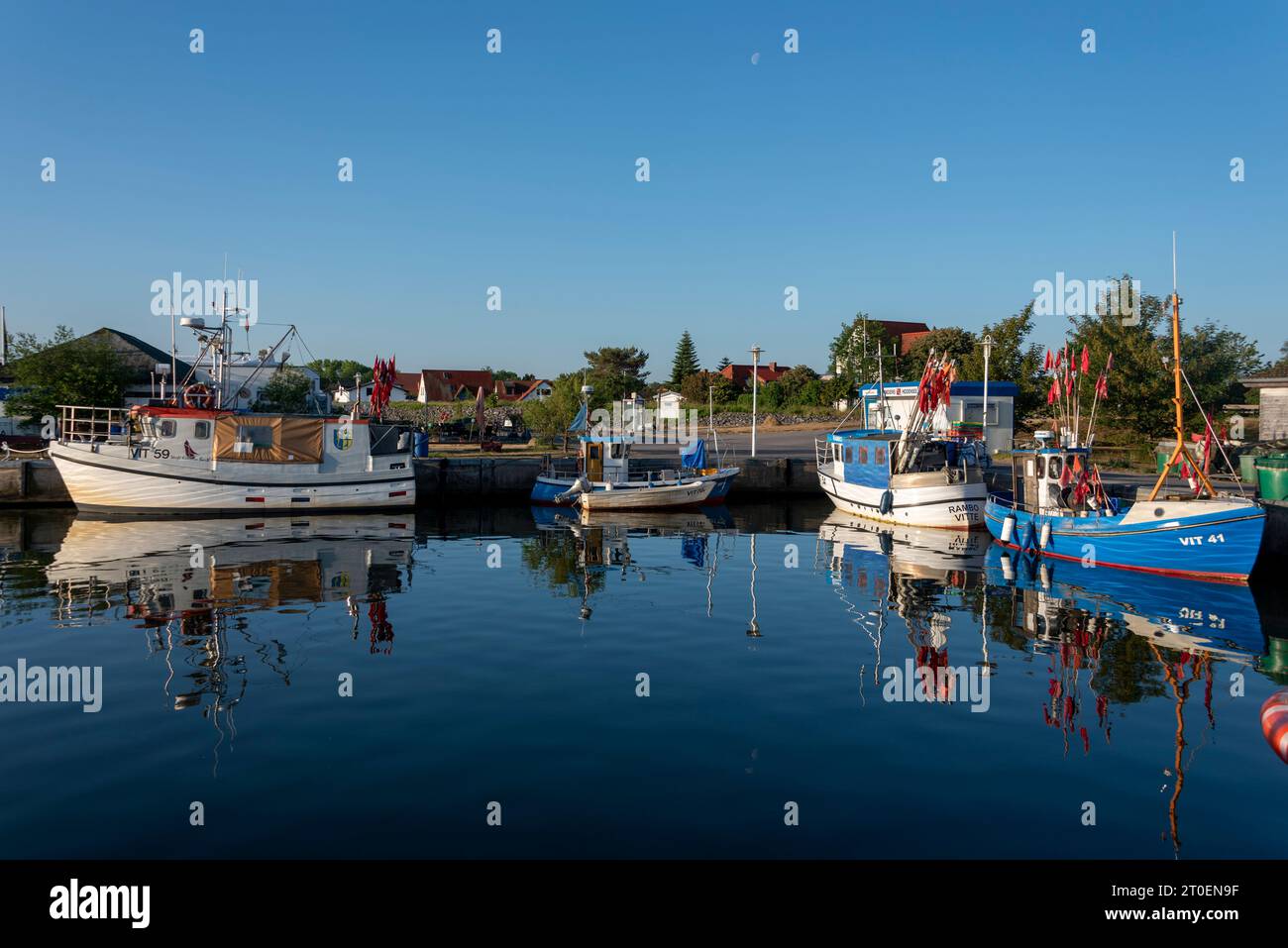 Barche da pesca nel porto di Vitte, isola Hiddensee, Meclemburgo-Pomerania occidentale, Germania Foto Stock