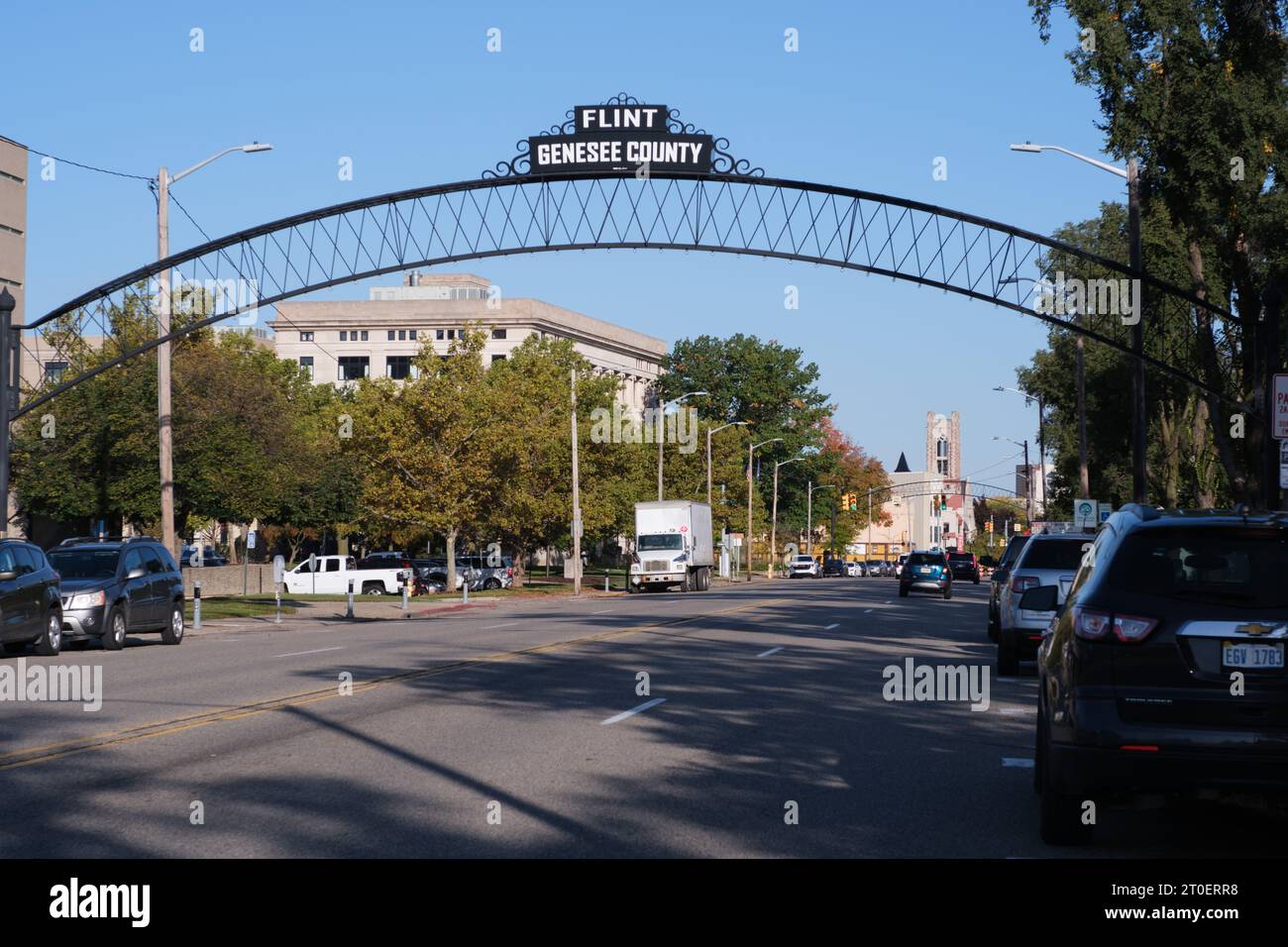 Insegna Flint Genesee County nel centro di Flint, Michigan, USA Foto Stock