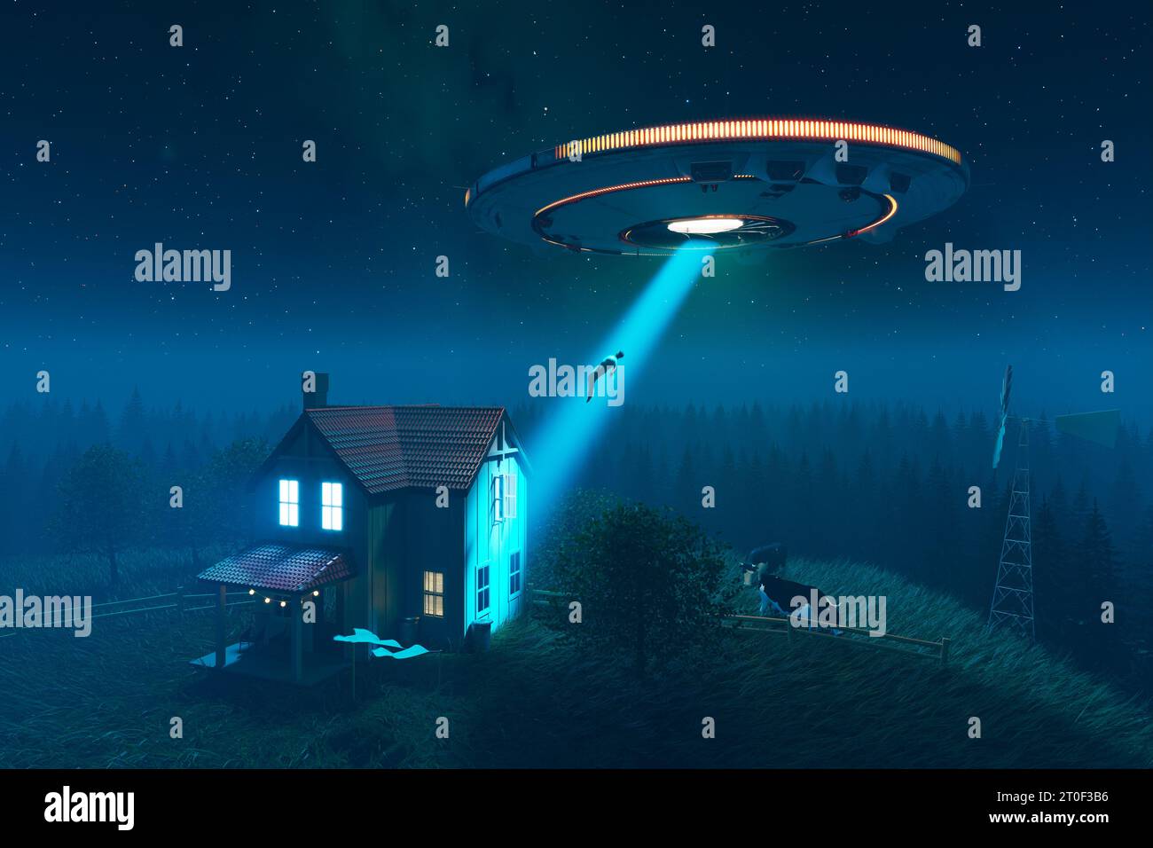 La silhouette circolare di Alien Invasion del disco volante in metallo lucido sopra la fattoria. L'UFO si trova sopra l'edificio e emette un fascio luminoso. IO Foto Stock