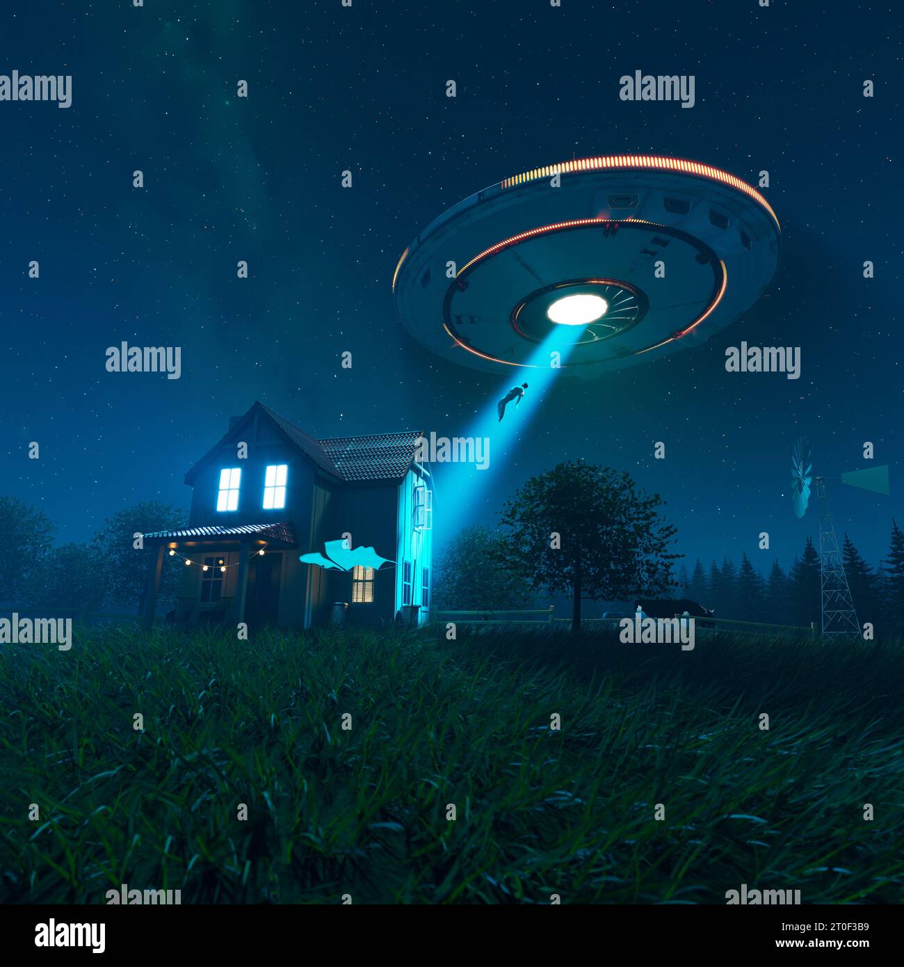 La silhouette circolare di Alien Invasion del disco volante in metallo lucido sopra la fattoria. L'UFO si trova sopra l'edificio e emette un fascio luminoso. IO Foto Stock