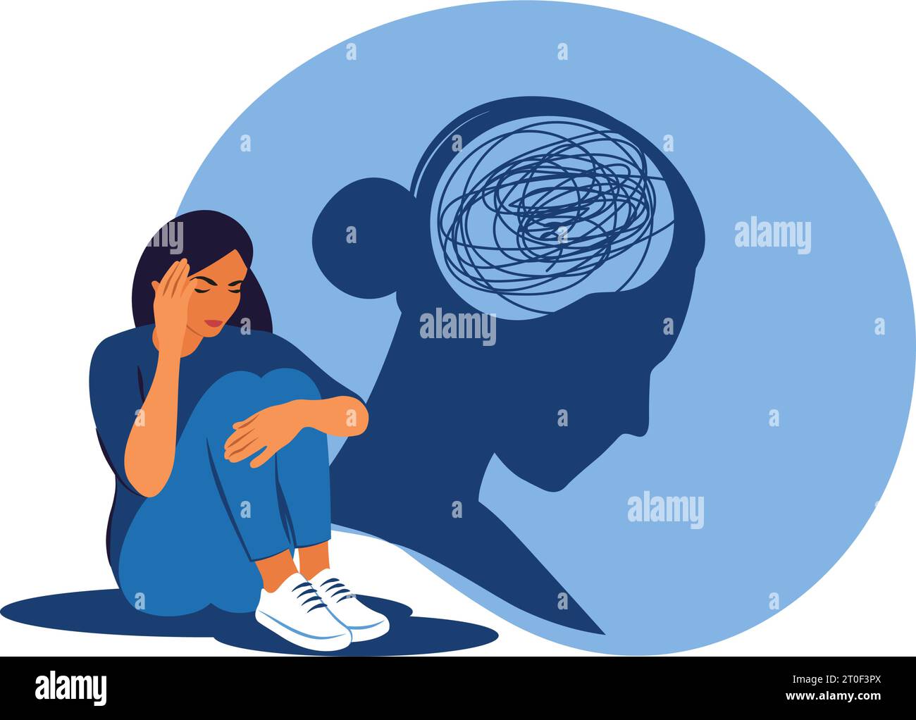 Donna depressa seduta sul pavimento e abbracciata le ginocchia. Concetto di salute mentale. Depressione, disturbo bipolare, ossessivo compulsivo, stress post traumatico Illustrazione Vettoriale