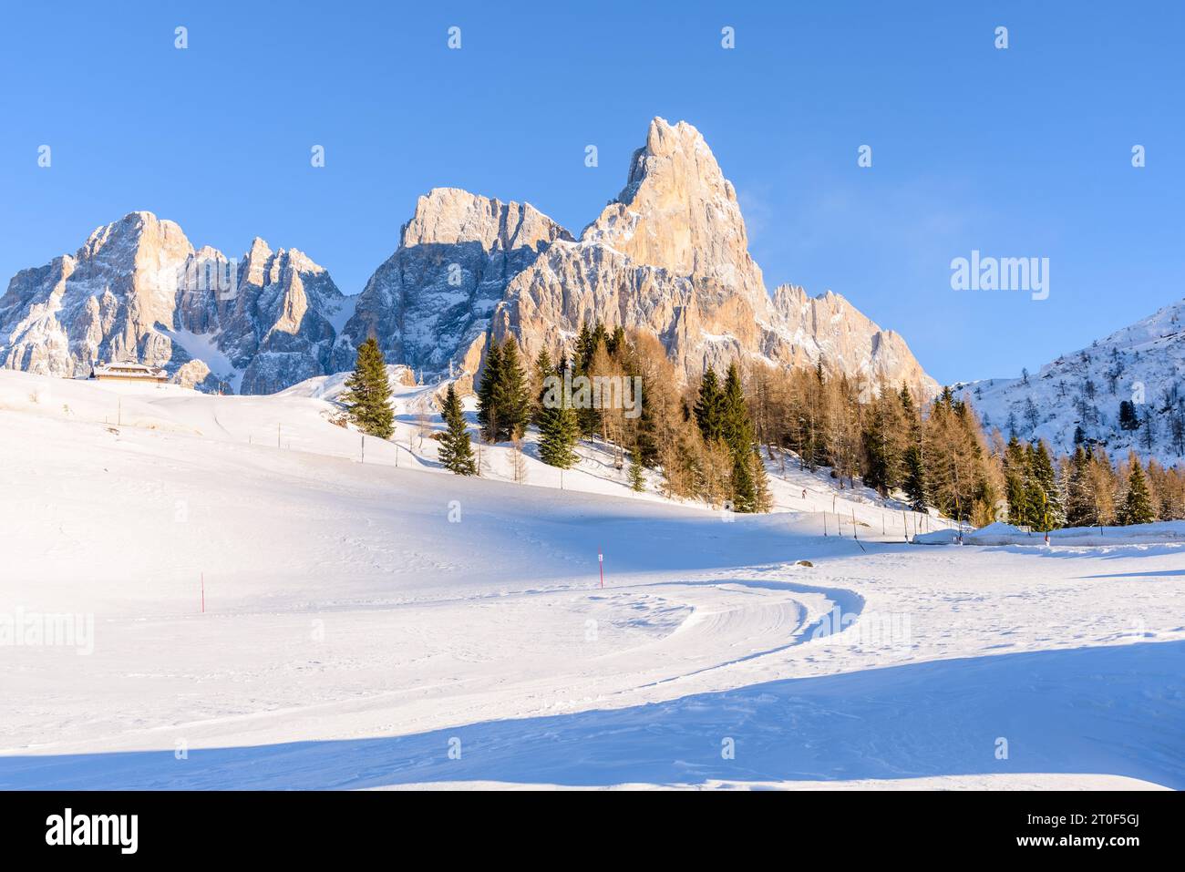 Pista da sci di fondo COSS in un prato innevato delimitato da alberi ai piedi di una vetta rocciosa in una soleggiata giornata invernale Foto Stock