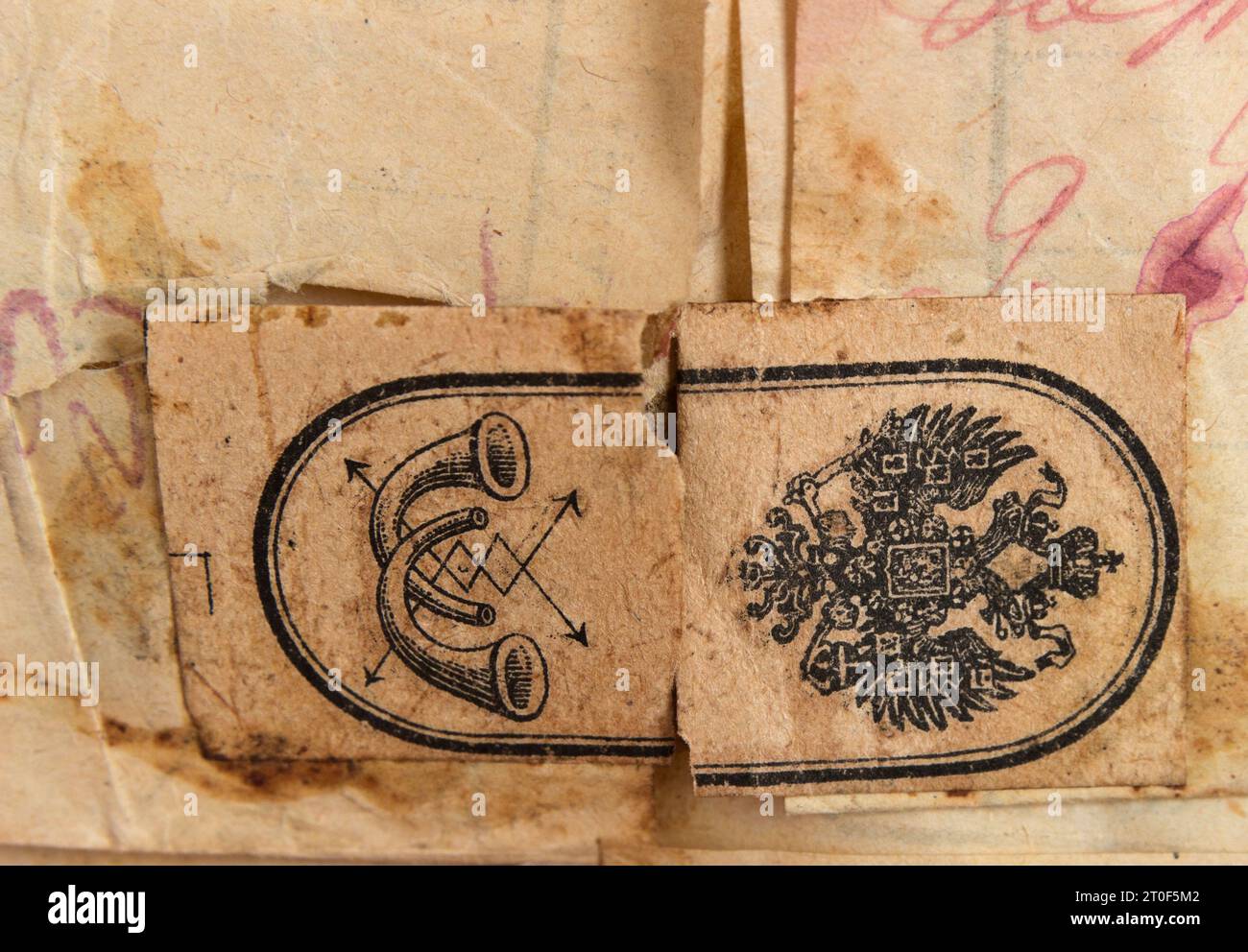Firma con bugle e doppia aquila per sigillare il messaggio telegrafico, Russia, 1920 Foto Stock