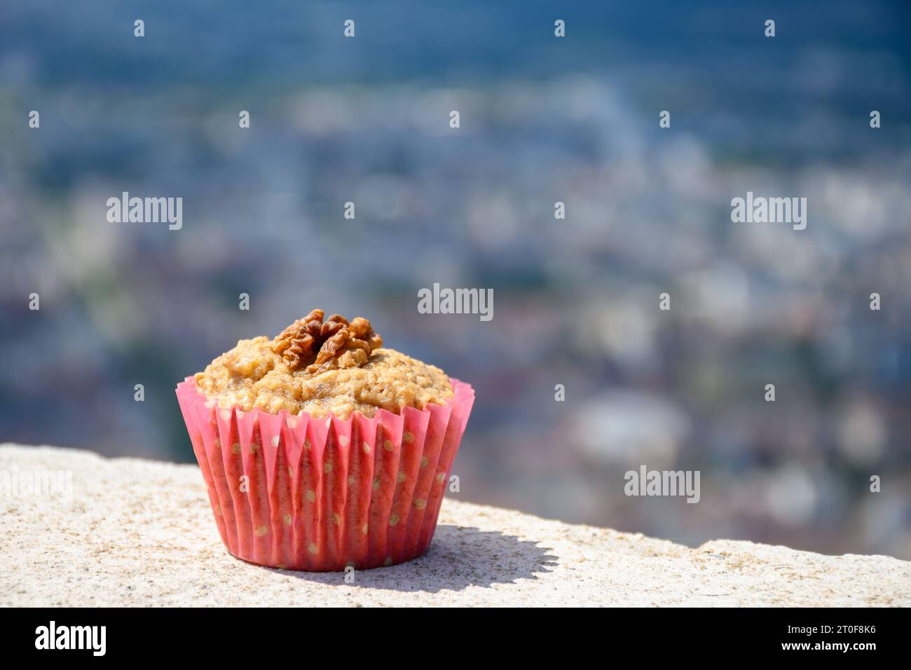Gateau Grenoblois, torta di caffè alla noce francese, specialità di Grenoble e vista sulla parte centrale della città di Grenoble dai fortini della Bastiglia con le montagne A. Foto Stock