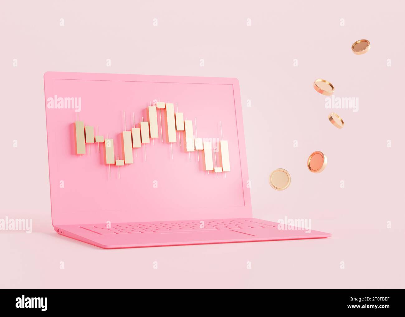 Grafico d'oro, monete volanti e laptop su sfondo rosa. Commercio per donne. Compra, vendi in borsa. Dati di borsa su grafico con il giapponese Foto Stock