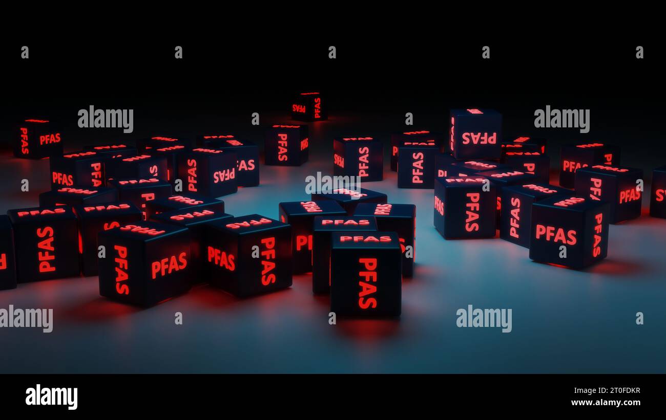 Su cubi di superficie con una parola PFAS. Illustrazione con rendering 3D. Foto Stock