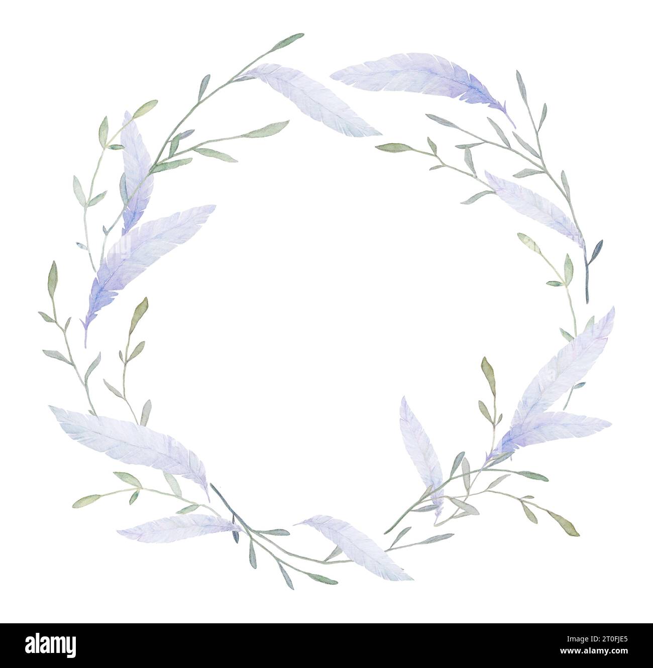 Acquerello Boho Wreath, Feather Wreath Clipart, Boho Wedding Invitation, Wreath disegnata a mano, illustrazioni Feather Wreath Foto Stock