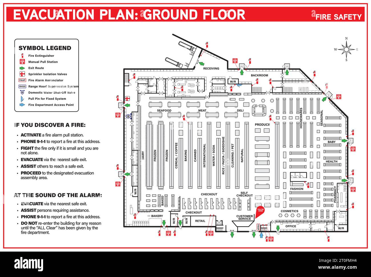 Piano di evacuazione per un negozio di alimentari o un supermercato. Piano di emergenza antincendio o piano di uscita. Istruzioni testuali sulle procedure e sulle posizioni degli equipaggiamenti di emergenza Illustrazione Vettoriale