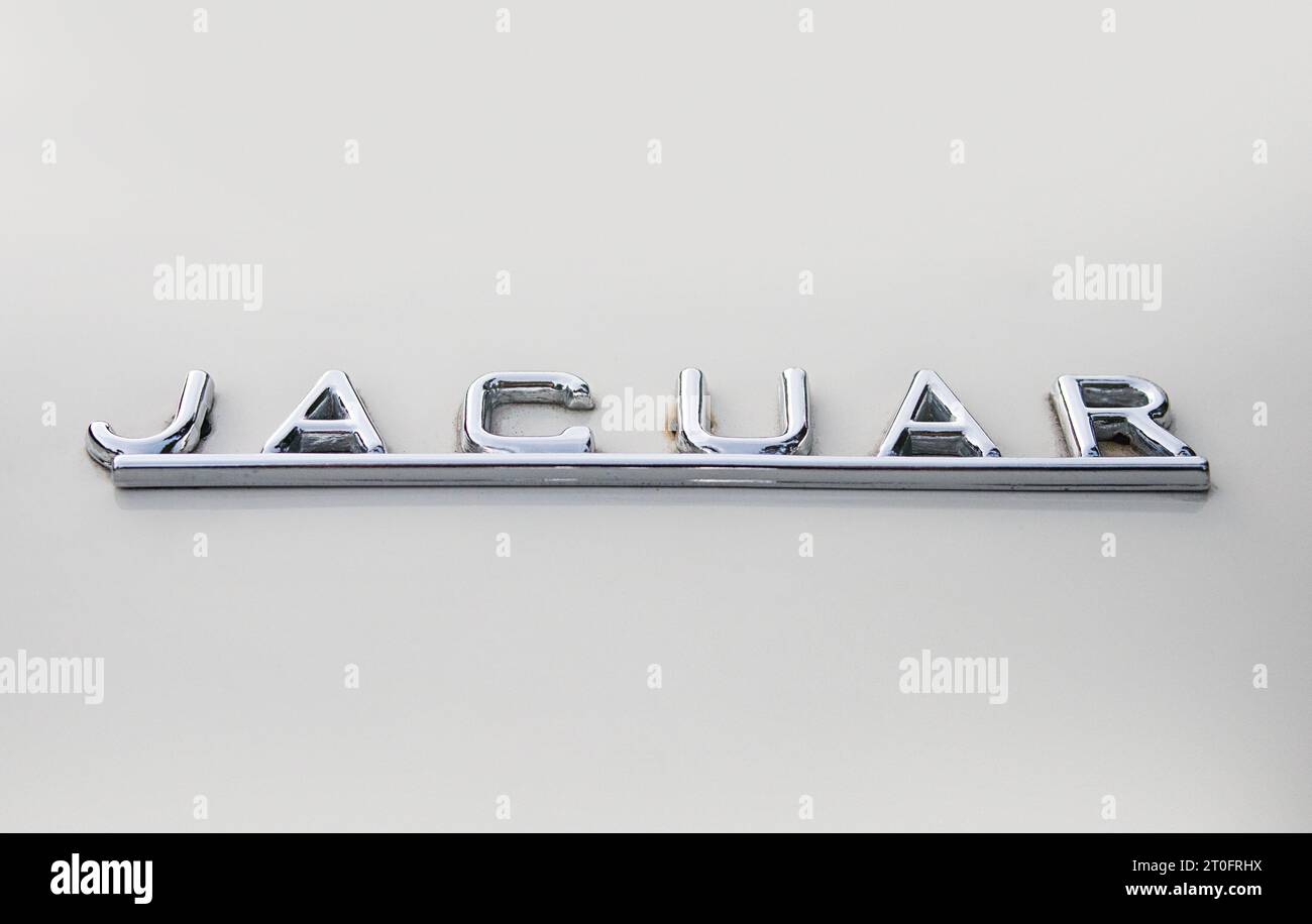 Logo Jaguar scritto su auto d'epoca. Scritta su Jaguar e-TYPE 4,2 Coupé, inglese bianco. Auto sportiva britannica prodotta tra il 1961 e il 1974. Selettivo Foto Stock