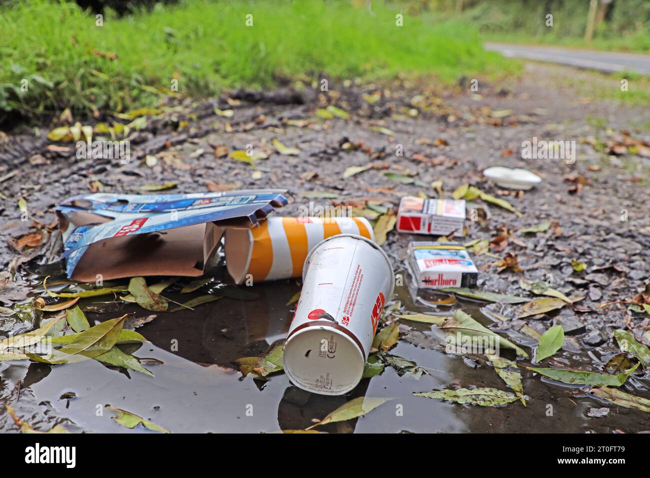 Verpackungsmüll in der Stadt Pappverpackungen, Getränkebecher und leere Zigarettenschachteln liegen achtlos weggeworfen am Rand einer Straße. *** I rifiuti di imballaggio in città imballaggi di cartone, bicchieri per bevande e pacchetti di sigarette vuoti sono scartati incautamente ai margini di una strada credito: Imago/Alamy Live News Foto Stock