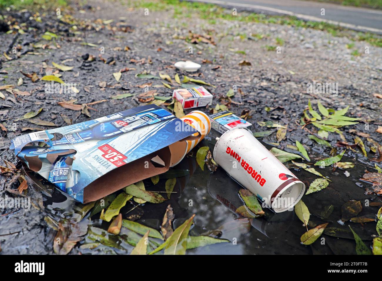 Verpackungsmüll in der Stadt Pappverpackungen, Getränkebecher und leere Zigarettenschachteln liegen achtlos weggeworfen am Rand einer Straße. *** I rifiuti di imballaggio in città imballaggi di cartone, bicchieri per bevande e pacchetti di sigarette vuoti sono scartati incautamente ai margini di una strada credito: Imago/Alamy Live News Foto Stock