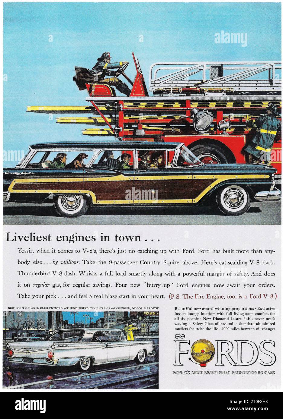 1959 Ford Country Squire ad. Annuncio motore Ford V-8 Foto Stock