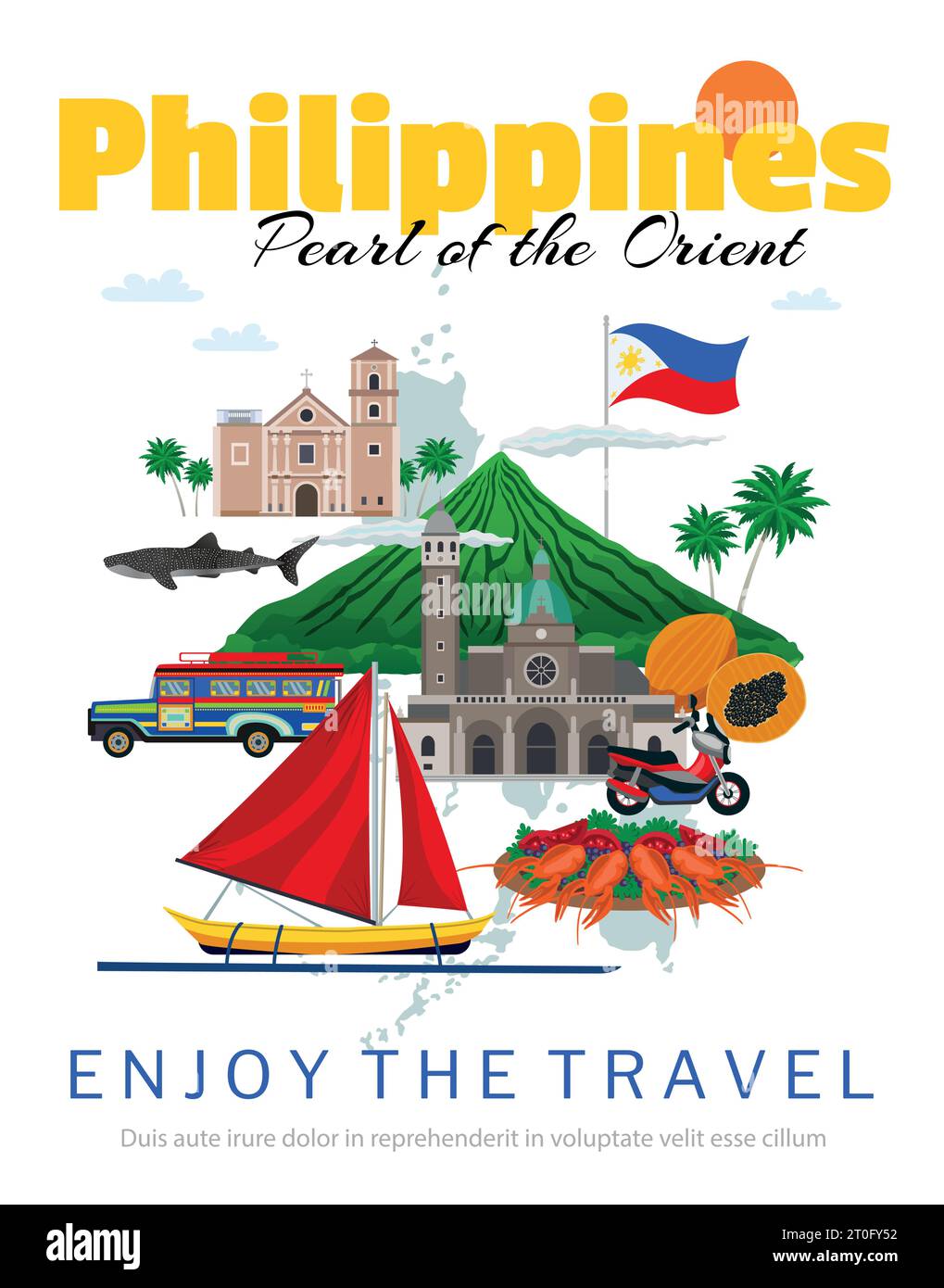 Viaggio verso le filippine poster con bandiera nazionale e monumenti storici, cibo tradizionale e illustrazione dei vettori di trasporto Illustrazione Vettoriale